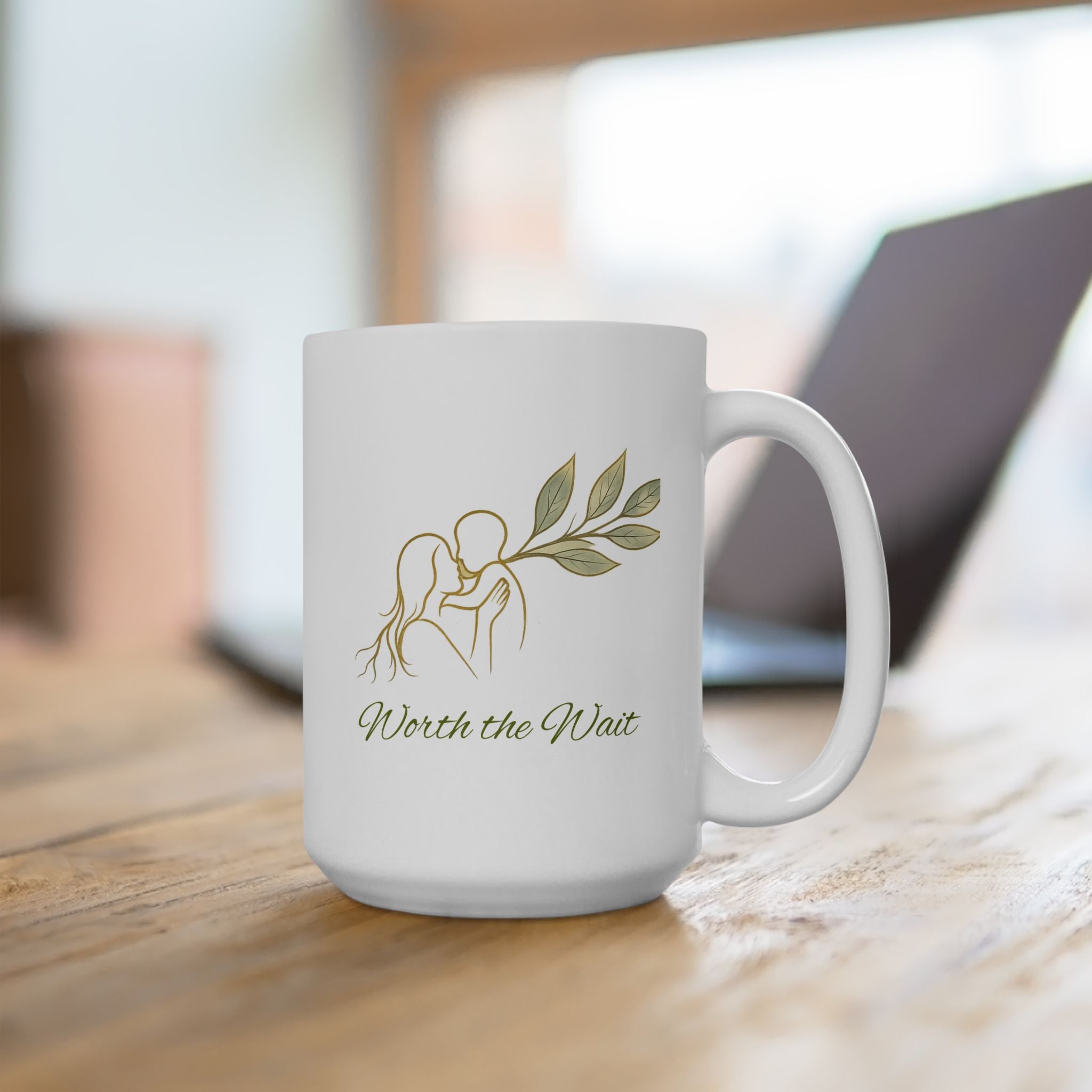 Botanical 'Wait' Ceramic Mug — Neutral Leaf Illustration Coffee Cup (11oz, 15oz)