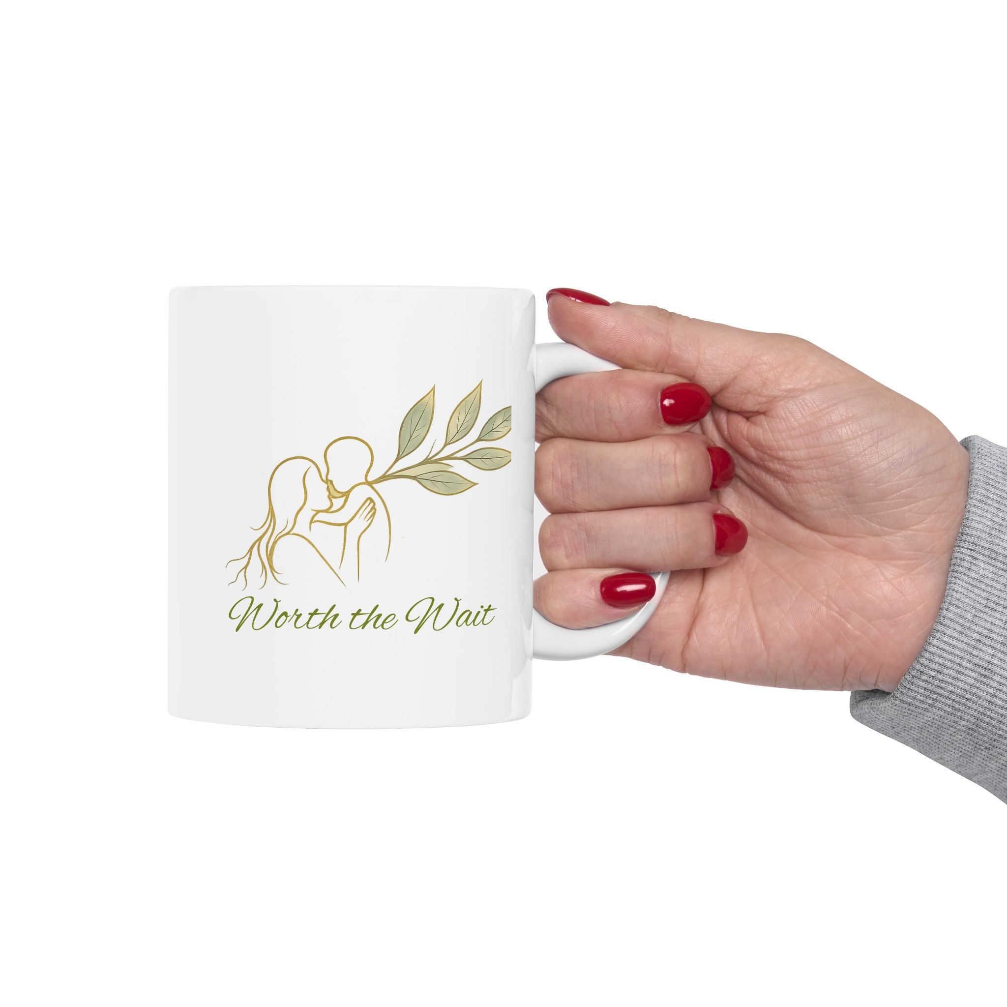 Botanical 'Wait' Ceramic Mug — Neutral Leaf Illustration Coffee Cup (11oz, 15oz)