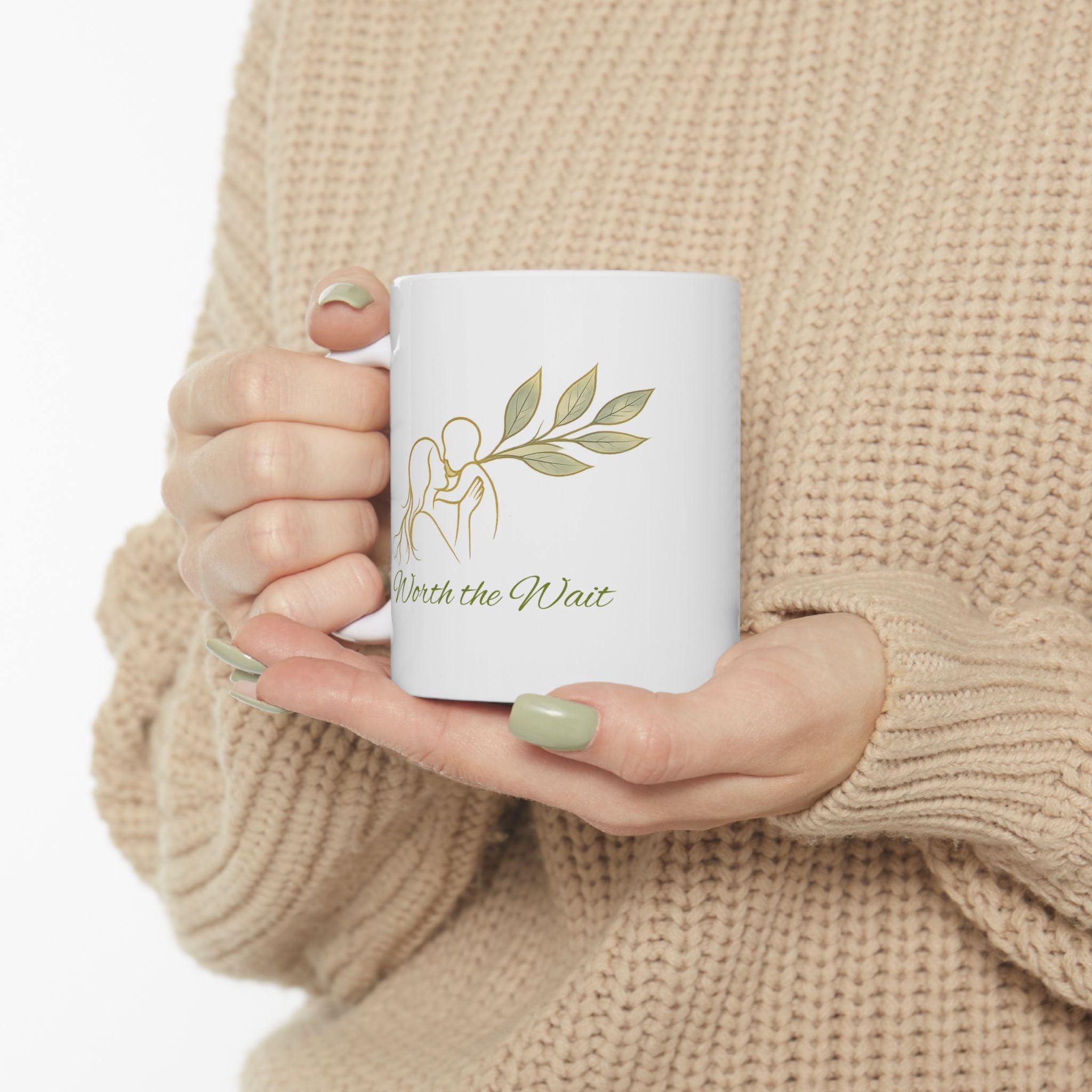 Botanical 'Wait' Ceramic Mug — Neutral Leaf Illustration Coffee Cup (11oz, 15oz)