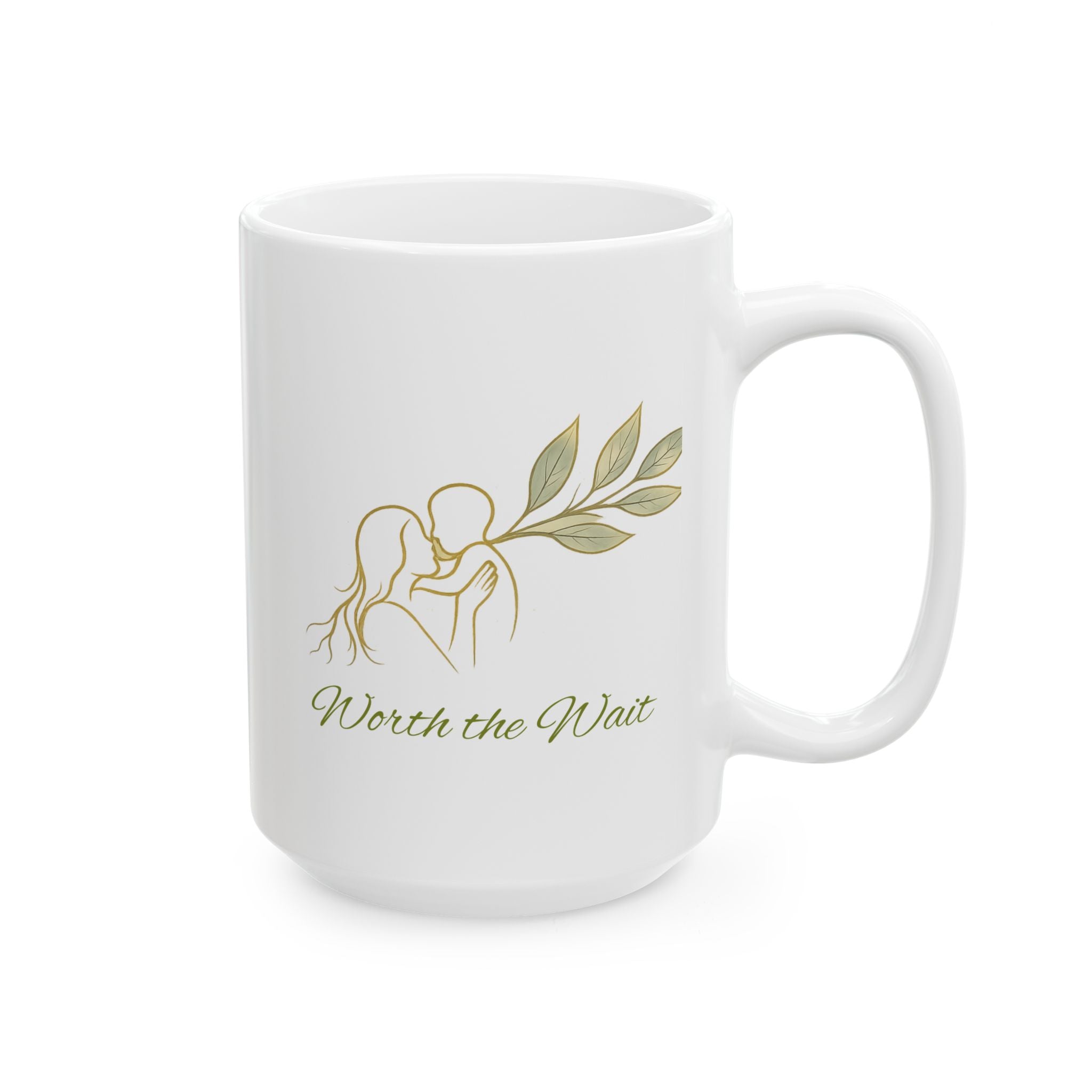 Botanical 'Wait' Ceramic Mug — Neutral Leaf Illustration Coffee Cup (11oz, 15oz)