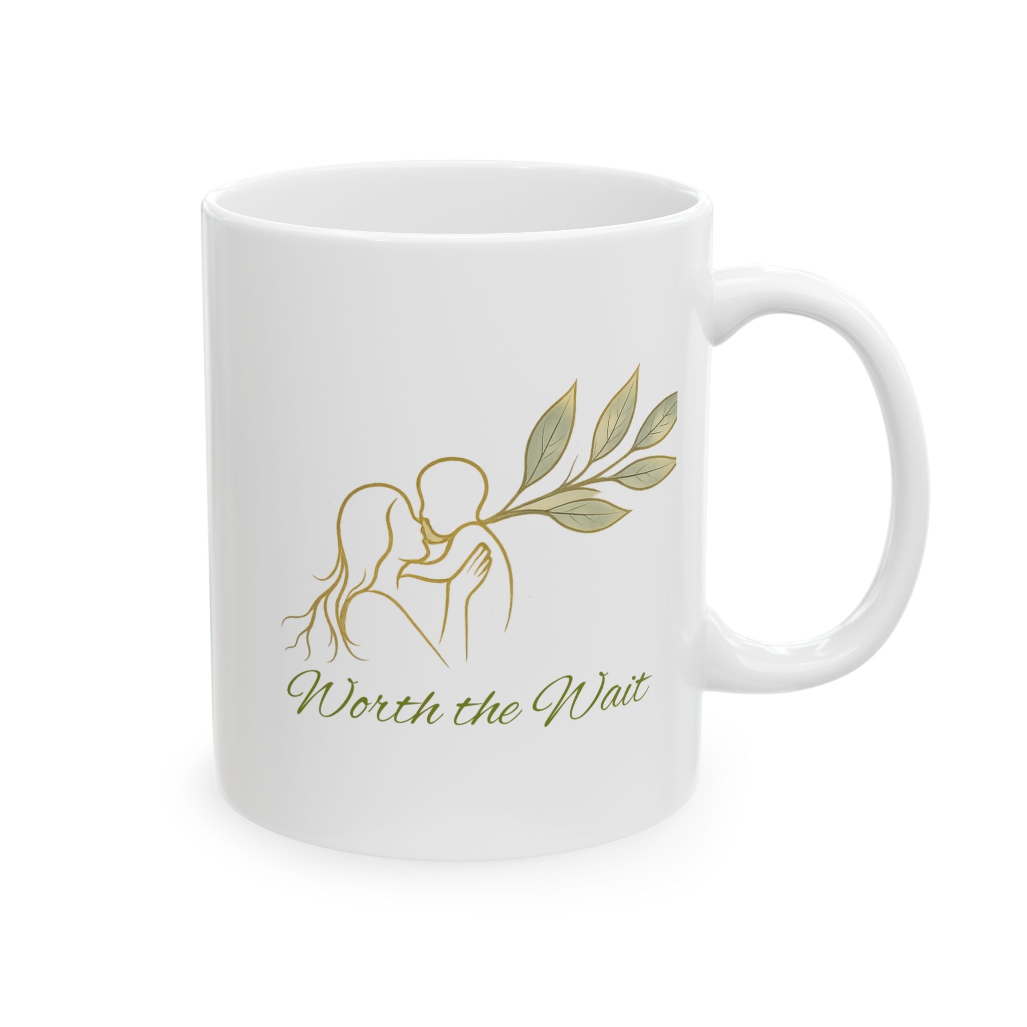 Botanical 'Wait' Ceramic Mug — Neutral Leaf Illustration Coffee Cup (11oz, 15oz)