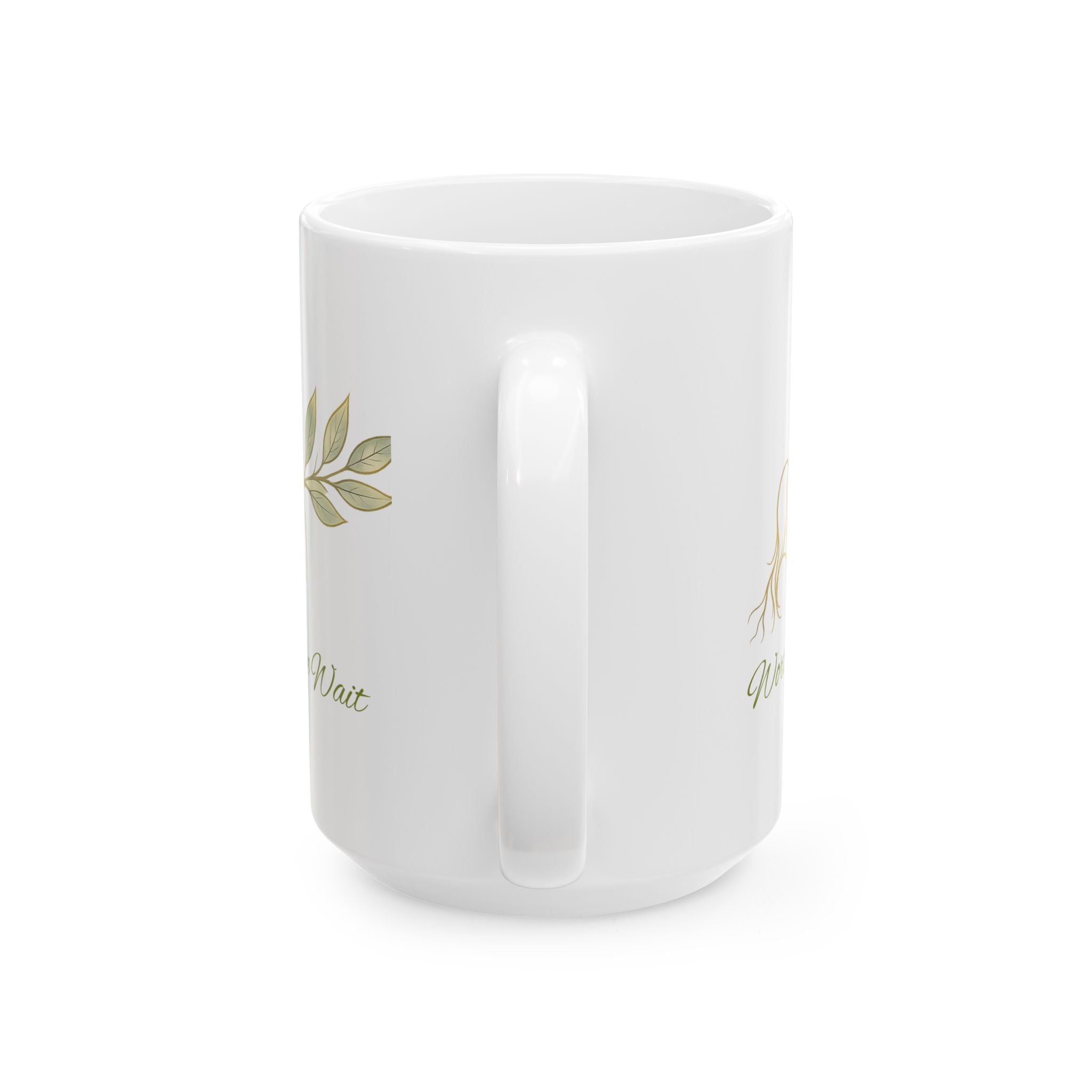 Botanical 'Wait' Ceramic Mug — Neutral Leaf Illustration Coffee Cup (11oz, 15oz)