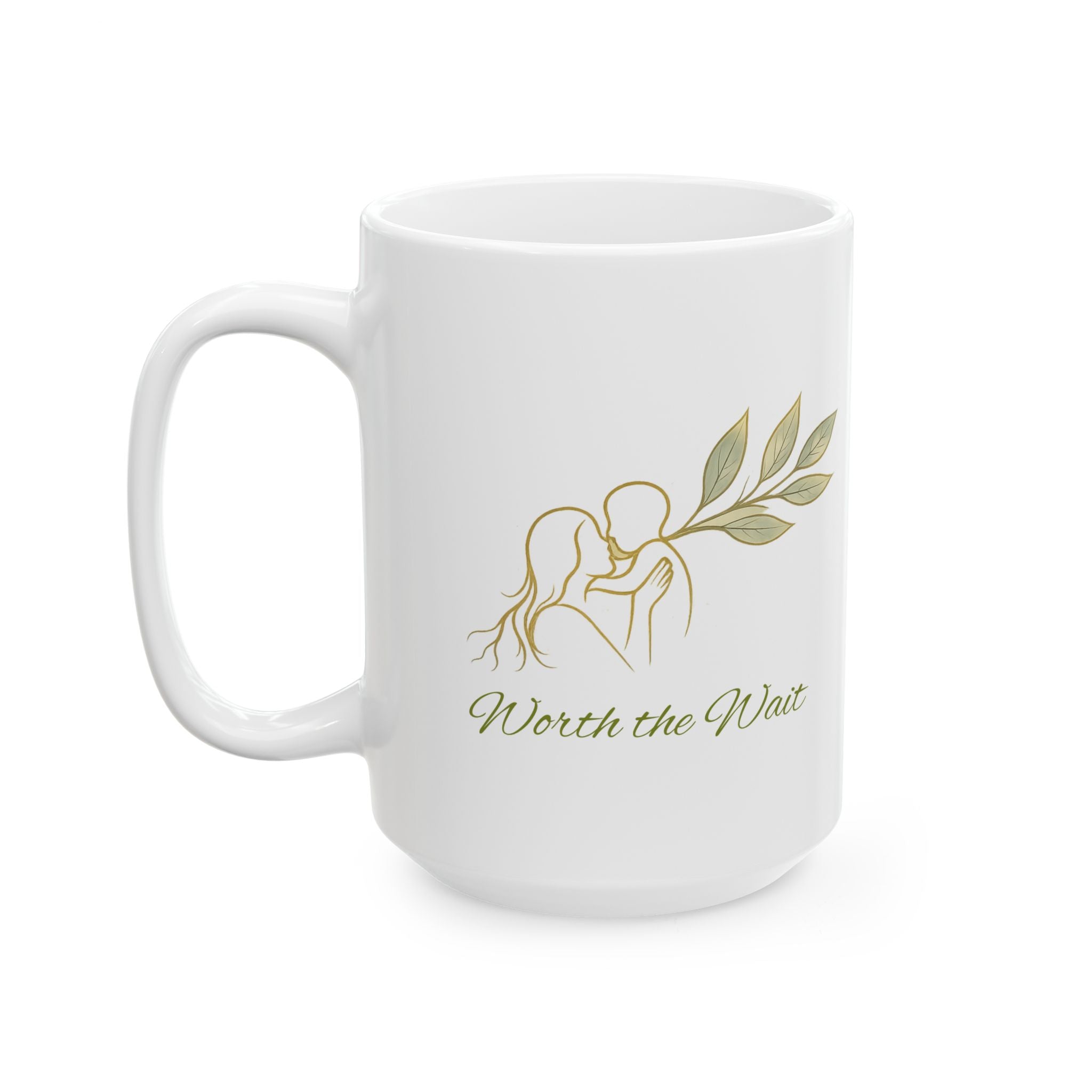 Botanical 'Wait' Ceramic Mug — Neutral Leaf Illustration Coffee Cup (11oz, 15oz)