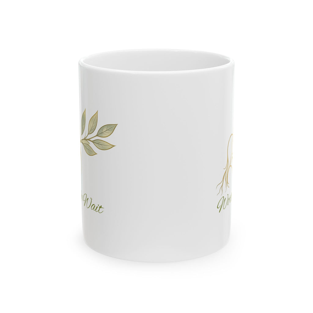 Botanical 'Wait' Ceramic Mug — Neutral Leaf Illustration Coffee Cup (11oz, 15oz)
