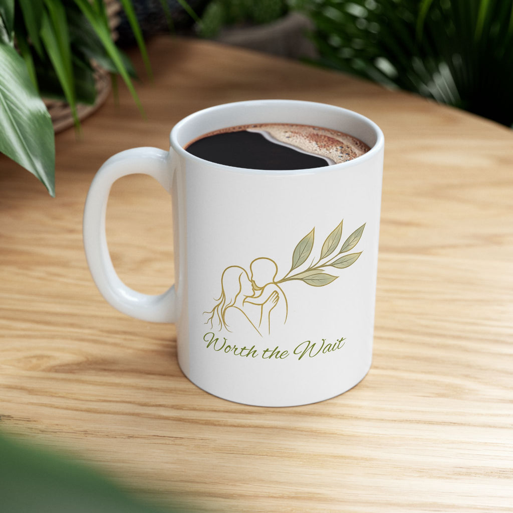 Botanical 'Wait' Ceramic Mug — Neutral Leaf Illustration Coffee Cup (11oz, 15oz)