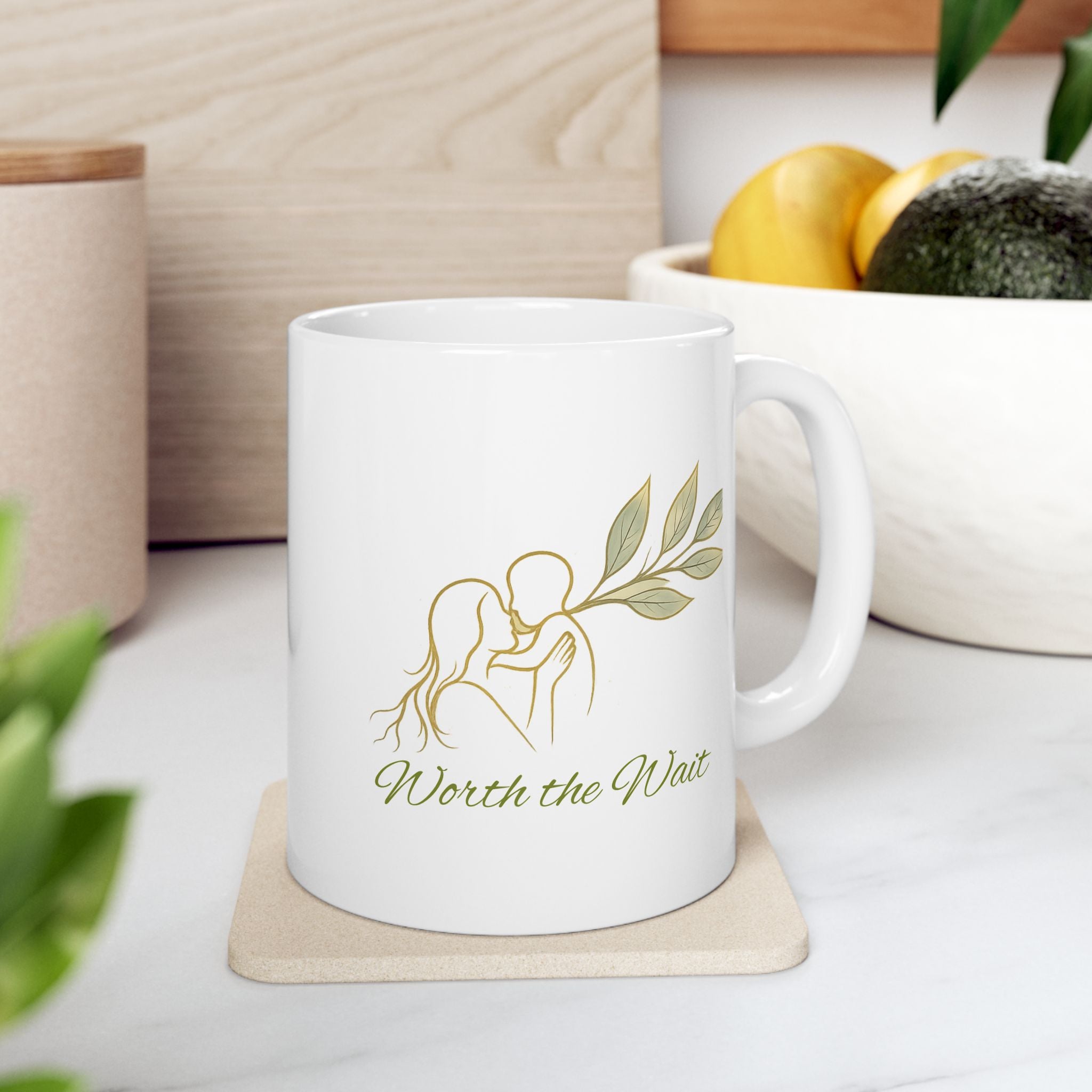 Botanical 'Wait' Ceramic Mug — Neutral Leaf Illustration Coffee Cup (11oz, 15oz)