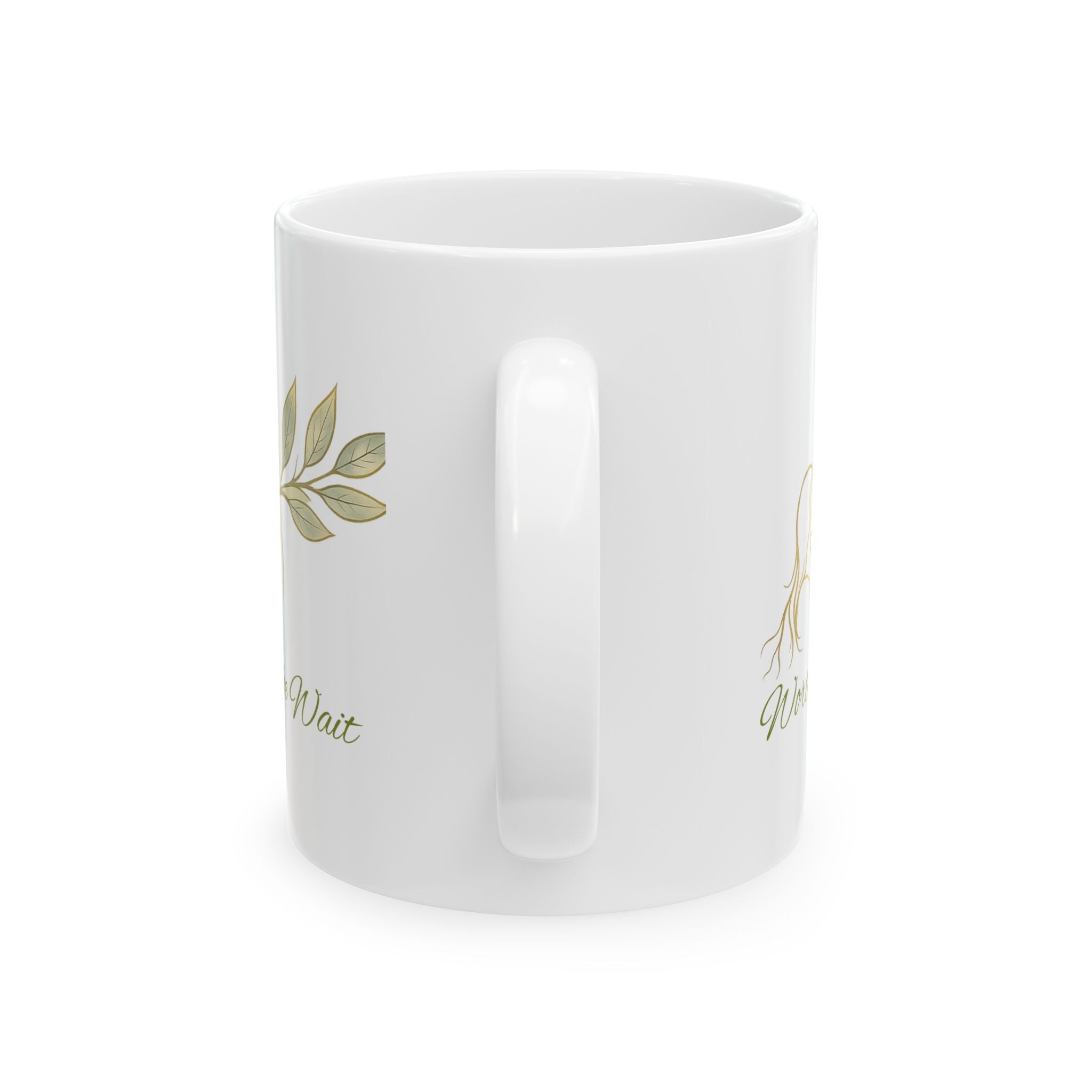 Botanical 'Wait' Ceramic Mug — Neutral Leaf Illustration Coffee Cup (11oz, 15oz)
